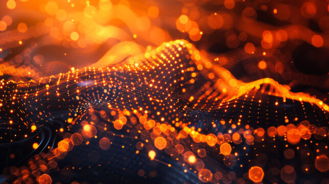 Bright orange wave with many dots. The dots are scattered throughout wave, giving it a very busy and chaotic look. The orange color of the wave creates a warm and energetic mood. Abstract background.