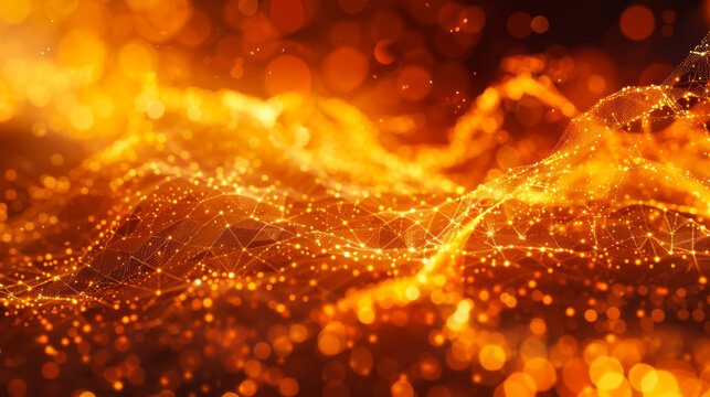 Bright orange wave with many dots. The dots are scattered throughout wave, giving it a very busy and chaotic look. The orange color of the wave creates a warm and energetic mood. Abstract background.