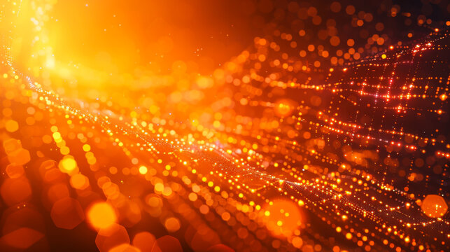 Bright orange wave with many dots. The dots are scattered throughout wave, giving it a very busy and chaotic look. The orange color of the wave creates a warm and energetic mood. Abstract background.