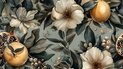 Bohemian seamless wallpaper featuring citrus fruits like lemons and oranges, alongside pomegranates, hand-drawn in vintage style, soft, earthy colors, intricate details, natural light effect,