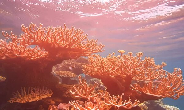Rose-Hued Coral Reef in Sunlit Shallow Waters