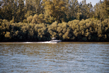 A speedboat gliding down the river