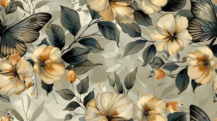 Bohemian seamless wallpaper featuring whimsical butterflies fluttering around blooming flowers and leafy branches, hand-drawn in vintage style, soft, earthy colors, intricate details,