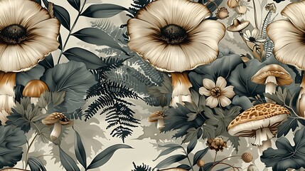 Bohemian seamless wallpaper featuring whimsical woodland elements like mushrooms, ferns, and forest flowers, hand-drawn in vintage style, soft, earthy colors, intricate details, natural light effect,