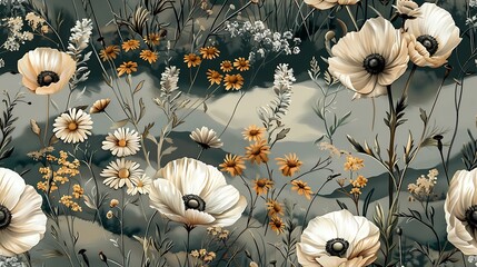 Bohemian seamless wallpaper featuring wildflowers such as daisies, poppies, and lavender, hand-drawn in vintage style, soft, earthy colors, intricate details, faded pastel background,