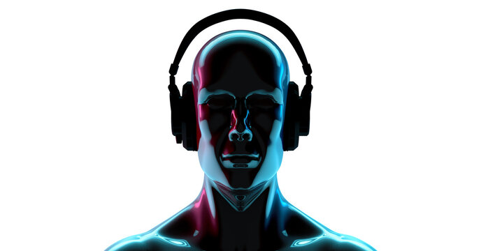 3D rendering, Close up portrait futuristic cyber punk man, music cyber punk man, blue and pink neon colors glowing reflection, isolated on white background.