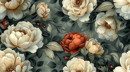 Bohemian seamless wallpaper showcasing vintage botanical illustrations of a bouquet of peonies, roses, and dahlias, set against a muted pastel background, intricate hand-drawn details,