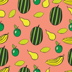 Seamless vector pattern with bright summer fruit. Trendy and colourful of Summer fruits