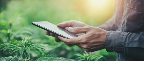 A Person's Hands Holding a Smartphone in a Cannabis Field