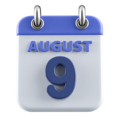 9th August Calendar Icon 3D Render