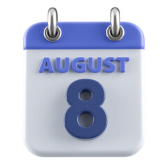 8th August Calendar Icon 3D Render