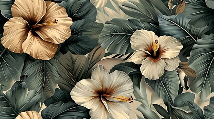 Bohemian seamless wallpaper showcasing vintage botanical illustrations of tropical flowers like hibiscus, bird of paradise, and orchids, set against a muted pastel background,