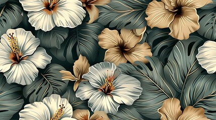 Bohemian seamless wallpaper showcasing vintage botanical illustrations of tropical flowers like hibiscus, bird of paradise, and orchids, set against a muted pastel background,
