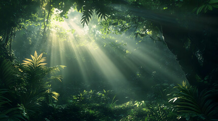 Fototapeta premium Dark rainforest, sun rays through the trees, rich jungle greenery.