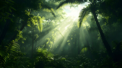 Dark rainforest, sun rays through the trees, rich jungle greenery. Atmospheric fantasy forest. 3D illustration.