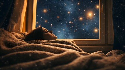 Person wrapped in a blanket, head leaning against the window, view of twinkling stars outside, dim ambient lighting, calm and soothing mood