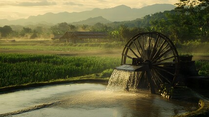 A traditional bamboo water wheel irrigation system watering crops in a lush rural farmland landscape  The eco friendly sustainable technology is part of the cultural heritage of the region
