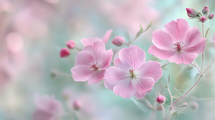 Obraz premium Delicate pink flowers in full bloom, with soft pastel hues, are captured against a dreamy, ethereal background, evoking a sense of calm and serenity.