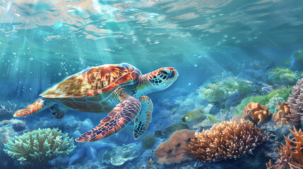 sea turtle swimming among coral reefs and colorful fish