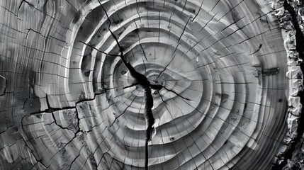 Warm gray cut wood texture. Detailed black and white texture of a felled tree trunk or stump. Rough organic tree rings with close up of end grain. 