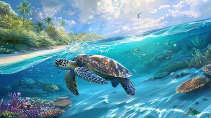 Obraz premium Sea Turtle Swimming Through Tropical Waters
