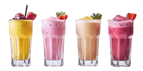 Four colorful fruit smoothies served in tall glasses, each garnished with fresh fruit, isolated PNG cutout transparent background