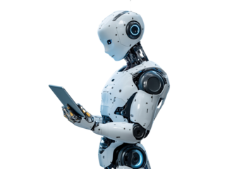 A humanoid robot using a tablet, showcasing advanced AI technology and sleek, futuristic isolated PNG cutout transparent background