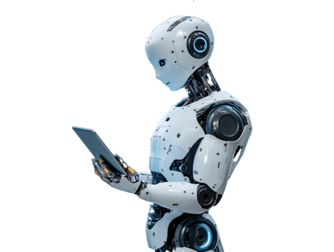 A humanoid robot using a tablet, showcasing advanced AI technology and sleek, futuristic isolated PNG cutout transparent background