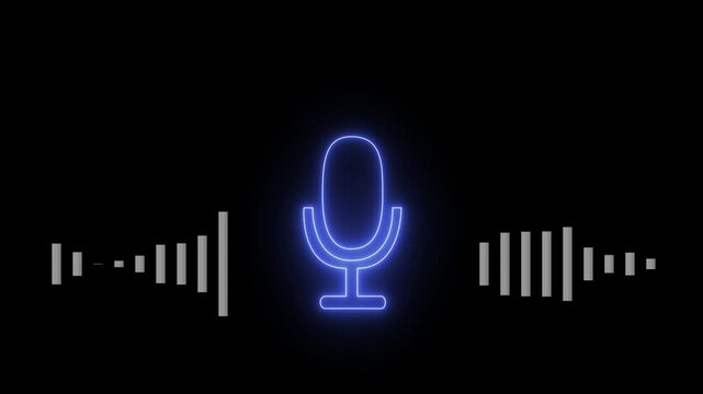 Neon microphone Voice recording podcast mic microphone button icon.Voice record icon. Audio wave microphone icon animation.