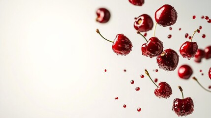 Red cherries flying up on the white background