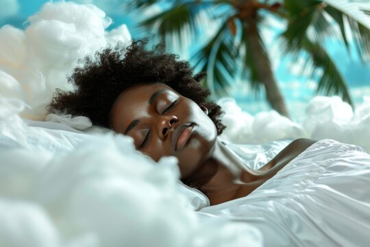 Quietude envelops room young woman finds restful sleep. Calm nighttime scene of young african woman serene slumber. Finding solace embrace of restful serene slumber.