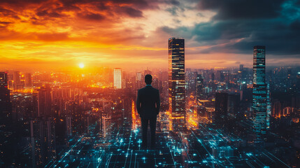 Fototapeta premium Abstract business team stands on the peak of success amid tall, innovative Smart city and graphs with statistics to analyze business potential and predict future developments in company growth.