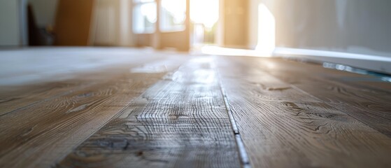Sunlight streaming through a window onto a wooden floor, creating a warm and cozy atmosphere. Free copy space for text.