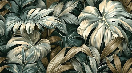 Continuous pattern of tropical ferns, showcasing large, intricate fern fronds with deep green tones and a textured, earthy backdrop, seamless design, natural lighting, high-definition quality,