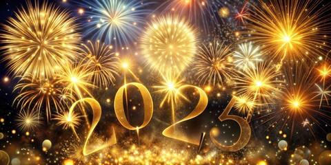 New Year 2025 Fireworks, Golden Celebration in Night Sky