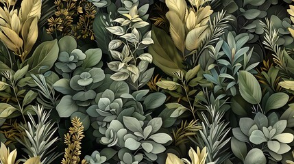 Herb garden seamless wallpaper design, with hand-drawn vintage illustrations of rosemary, sage, and thyme, deep green color palette, rustic boho backdrop, intricate details, natural greenery,