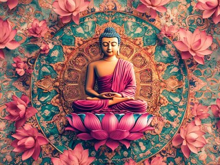 A painting of a Buddha statue sitting on a lotus flower