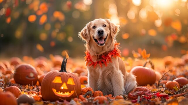 Golden Retriever in an orange Halloween pumpkin costume, sitting among autumn leaves and decorations