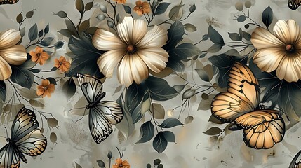 Seamless botanical wallpaper featuring hand-drawn vintage illustrations of butterflies fluttering among lush flowers and leafy branches, soft earthy background, pastel tones, natural light,