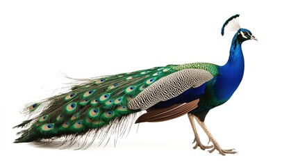 Fototapeta premium Side Profile of a Peacock with Fully Open Feathers: Complete View of a Peacock Displaying its Magnificent Plumage in Full Splendor. 