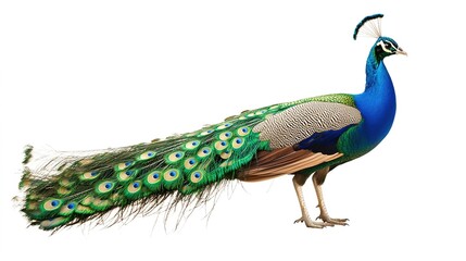 Fototapeta premium Side Profile of a Peacock with Fully Open Feathers: Complete View of a Peacock Displaying its Magnificent Plumage in Full Splendor. 