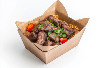 wok Paper box with noodles with beef isolated
