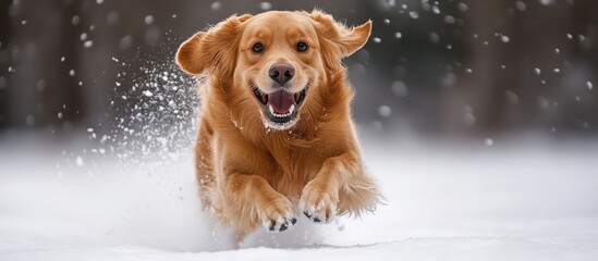 Golden Retriever Joyfully Running Through Snowy Landscape on a Winter Day