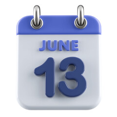 13th June Calendar Icon 3D Render