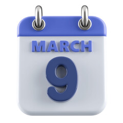 9th March Calendar Icon 3D Render