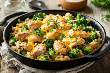 Fototapeta premium Chicken broccoli and rice stir-fry cooking in a black pan close-up
