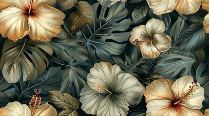 Seamless tropical wallpaper featuring hand-drawn vintage illustrations of hibiscus, bird of paradise, and orchids, soft earthy background, vibrant tropical tones, natural light, intricate details,