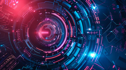Fototapeta premium A colorful, glowing, and abstract image of a circle. The image has a futuristic and technological vibe, with a mix of red, blue, and purple colors.