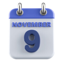 9th November Calendar Icon 3D Render