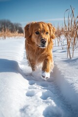 Golden Retriever Walking Through Snowy Field on a Sunny Winter Day